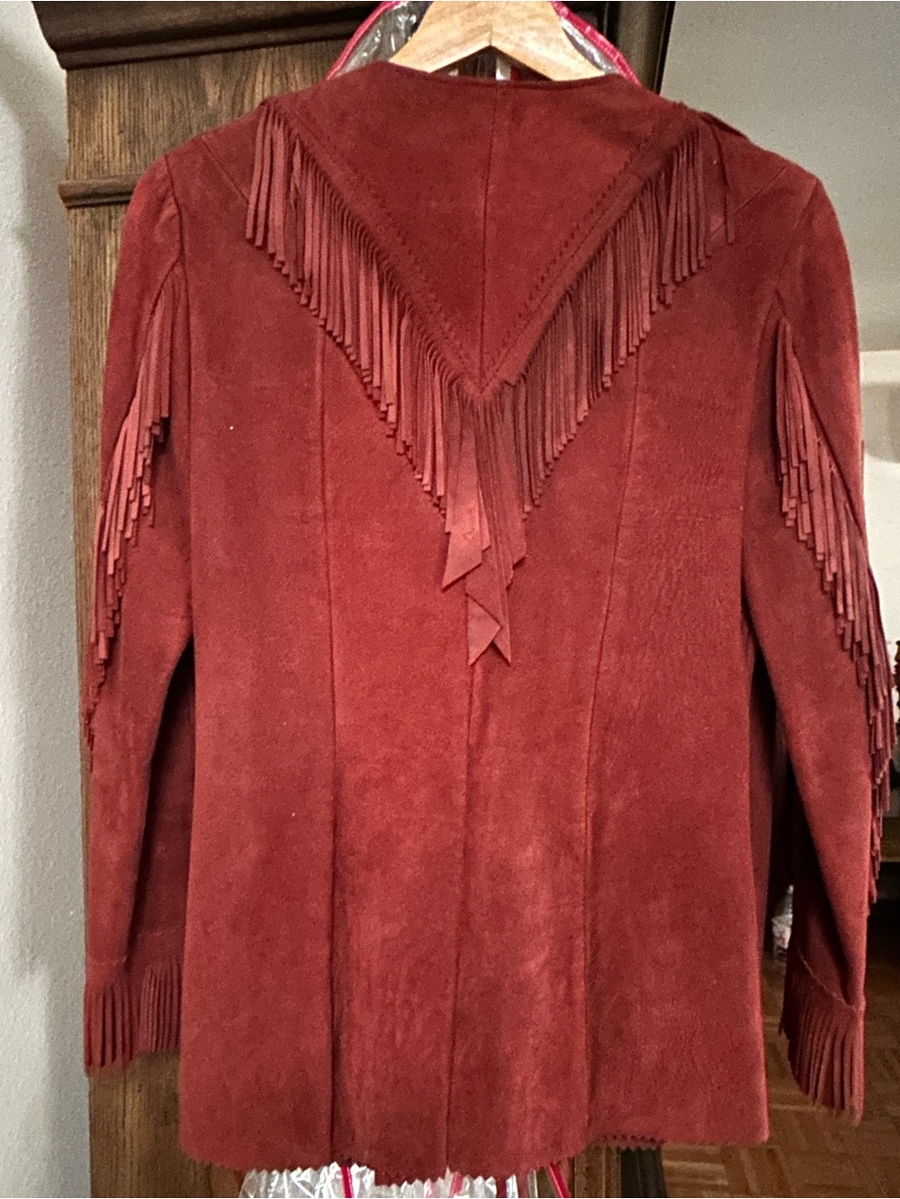 Suede Fringe Jacket in Burgundy - Picture 2 of 5